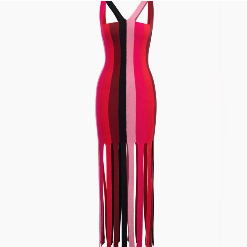 Micas - Vibrant Striped Colorblock Fringe Hem Sleeveless Dress Knit Maxi Dress